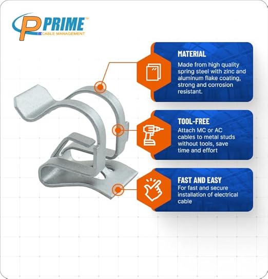 MC/AC Cable to Metal Stud Clip. 100 Pack Tool-Free Spring Steel Fastener for 14-2 to 12-3 Cables, Durable and Corrosion-Resistant Cable Clip for Fast Cable Installation and Metal Stud Attachment