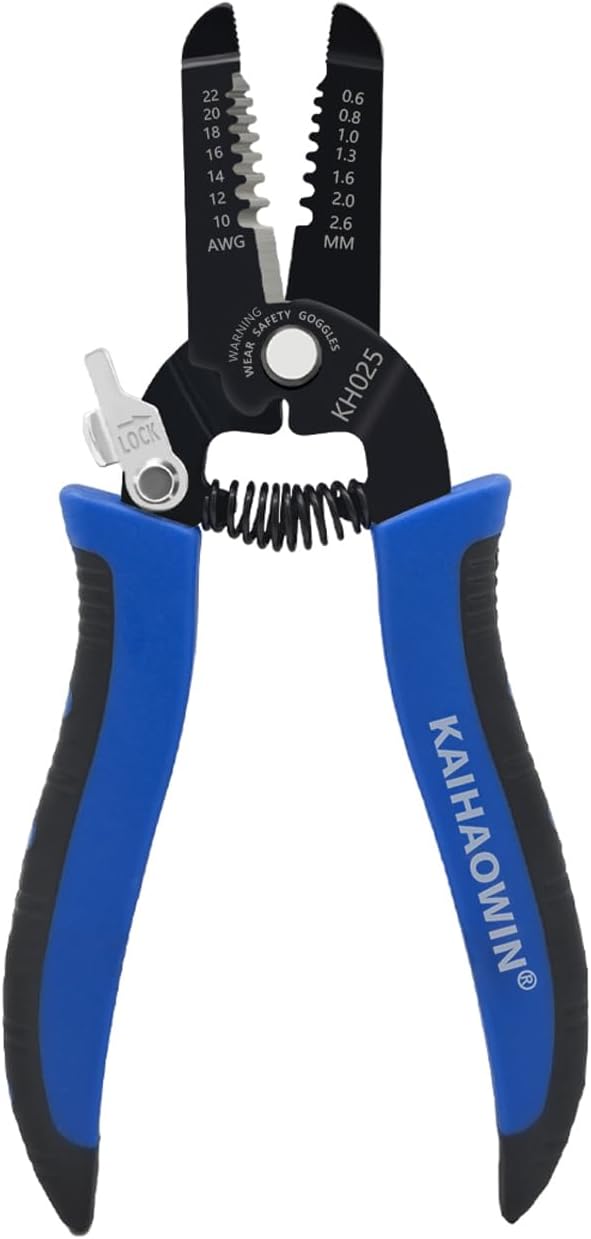 KAIHAOWIN 1 Pack Wire Stripper and Cutter with Safety Lock and Spring Loaded Professional Stripping Pliers Electrican Tool Small Gauge for 10-22 AWG Stranded Wire