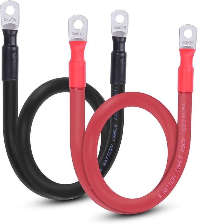 2 AWG Flexible Battery Cable with 5/16" Terminals - OFC Pure Copper Inverter & Welding Wire for Automotive Solar RV Motorcycle (Red + Black 2FT Pair)