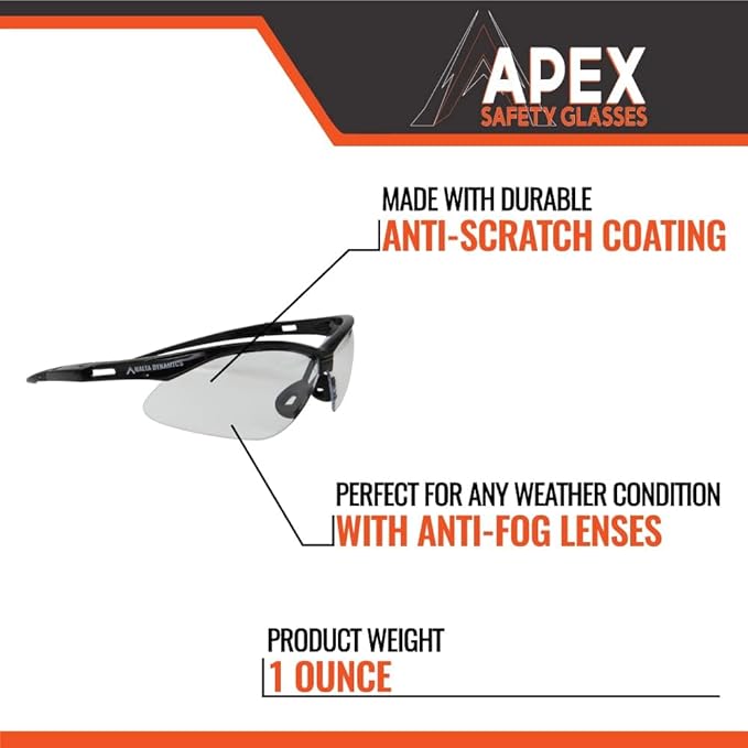 Malta Dynamics APEX Safety Glasses – Anti Scratch and Anti Fog Protection, Construction Safety Glasses for Men and Women, ISEA & ANSI Z87 Compliant (Clear, 180 Pairs)