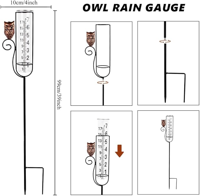 Owl Rain Gauges,Water Gauge for Rain with Metal Stake,7 Inch Freeze Proof Detachable Rain Gauge Outdoor Decorative for Measuring Precipitation