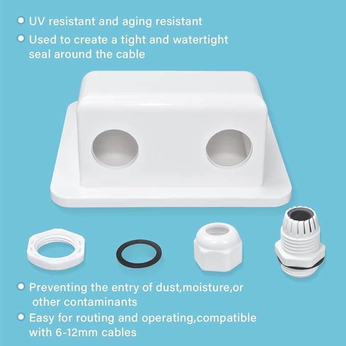 Weatherproof ABS Solar Double Cable Entry Gland,UV Resistance Dual Cable Entry Gland Box Housing for Solar Project on Rv,Camper,Van,Boat,Cabin,Caravan,White