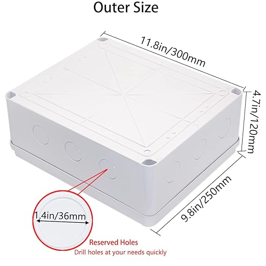 Junction Box, Zulkit Project Box with Reserved Holes IP65 Waterproof Dustproof Electrical Box ABS Plastic Project Enclosure White 11.8 x 9.8 x 4.7 Inch