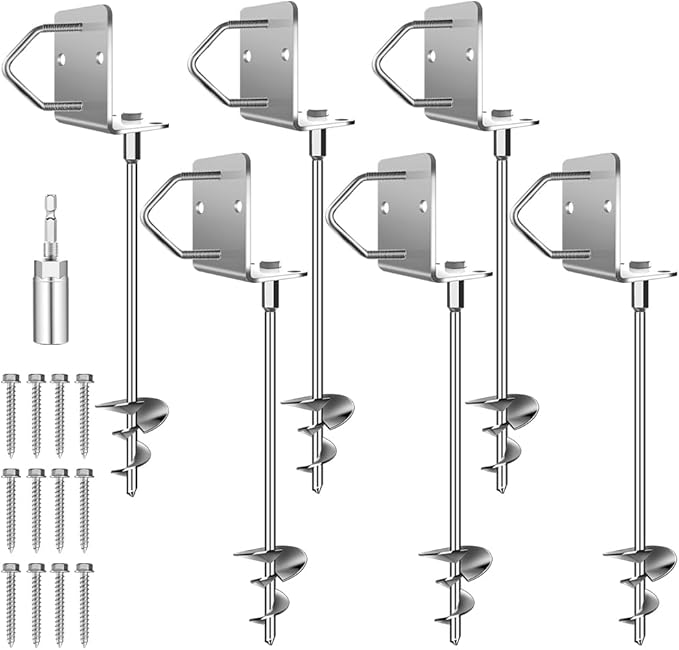 Ground Anchors Shed Anchors 14" Set of 6 Trampoline Stakes Screw in Heavy Duty Mobile Home - Storage Shed Anchor Kit - Playset Swing Anchors - Stakes for Fence,Carport,Garden (Silver, 6 x 14in)