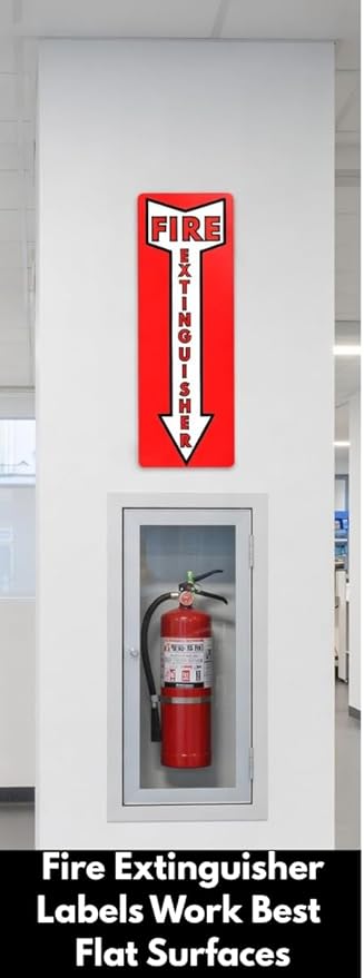 Fire Extinguisher Sign Premium Quality Vinyl Labels, 2 Designs 4 Pack, UV Resistant, Waterproof, Weatherproof, Fire Extinguisher Inside Sticker Signs Sizes 4 x 12 in & 6 x 8 in for Fire Extinguishers.