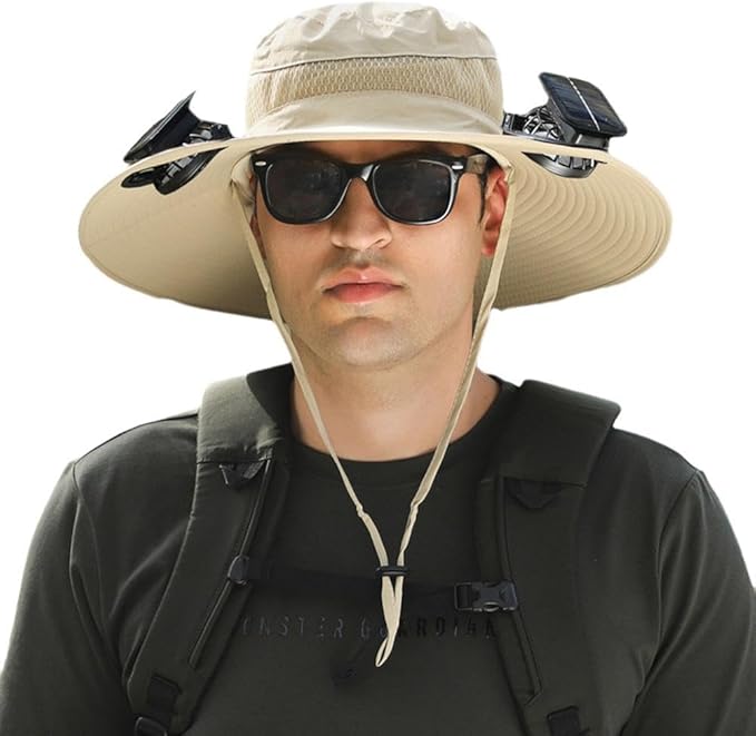 Wide Brim Sun Hat with 2 Solar Fan, Fishing Hat for Men, Solar Powered Fan Fishing Hats, 3 Speed Adjustable Fan Hat