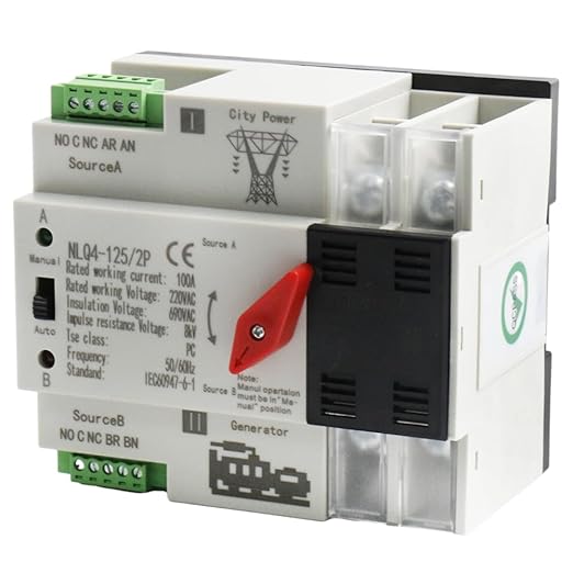 Mini ATS Automatic Transfer Switch Dual Power Changeover Switch 100A 220V Generator Electrical Selector Switches DIN Rail Mount NLQ4-2P/3P/4P Circuit Breaker Toggle Controller