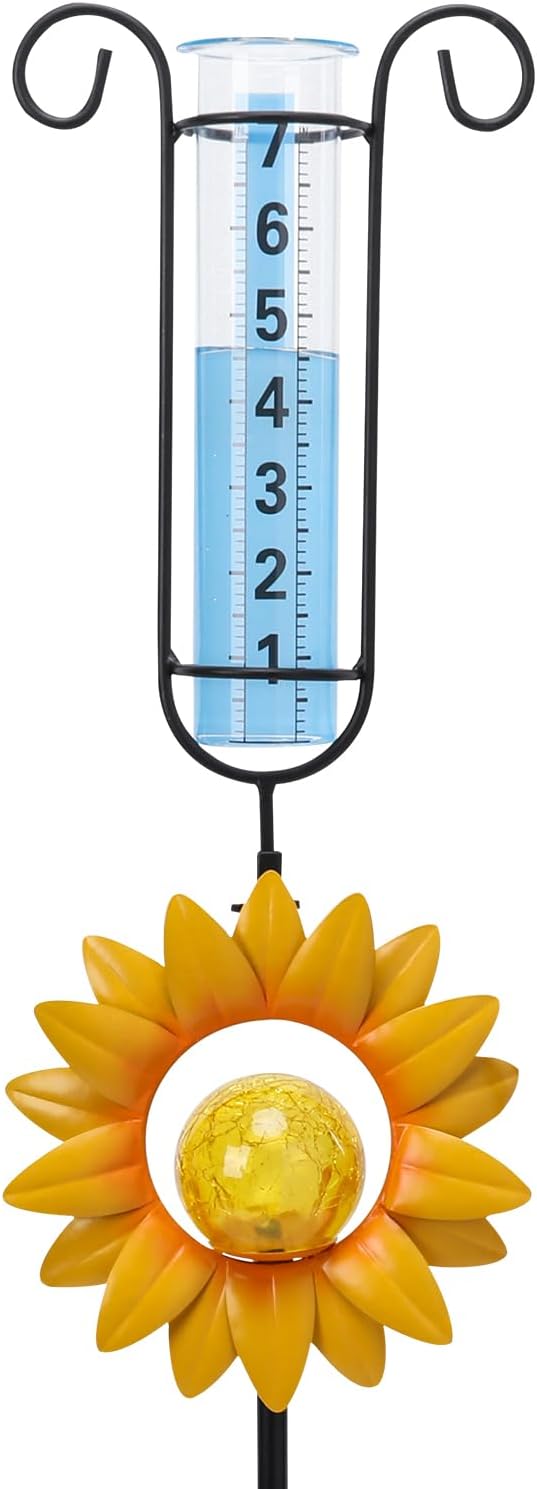 MUMTOP Rain Gauge Outdoor, 34 Inch Large Number Solar Lights Sunflower Water Gauge for Lawn, Yard and Garden