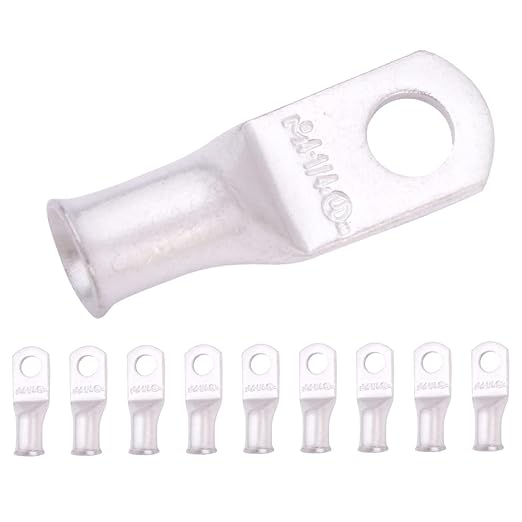 SELTERM 10pcs 4 AWG-1/4" Stud Tinned Copper Wire Lugs, Heavy Duty Battery Cable Ends,4 Guage Ring Terminals, UL Battery Lugs Marine Grade Copper Eyelets Electrical Battery Terminal Connectors