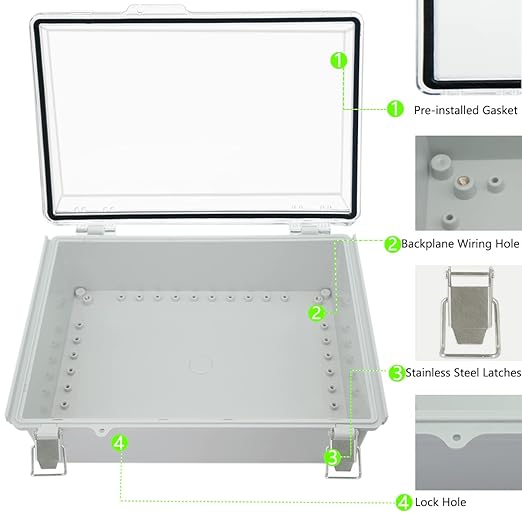 Zulkit Junction Box ABS Plastic Dustproof Waterproof IP67 Electrical Boxes Hinged Shell Outdoor Universal Project Enclosure Grey Clear Cover, Stainless Steel Buckles 15x11x5.1 Inch