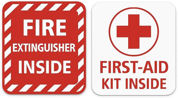 Fire Extinguisher Inside & First‑Aid Kit Inside Safety Stickers – 2‑Pack, 5″×5″ Self‑Adhesive Vinyl Decals for Vehicles, Facilities, Offices & Warehouses – Weatherproof, Removable
