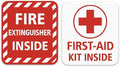 Fire Extinguisher Inside & First‑Aid Kit Inside Safety Stickers – 2‑Pack, 5″×5″ Self‑Adhesive Vinyl Decals for Vehicles, Facilities, Offices & Warehouses – Weatherproof, Removable