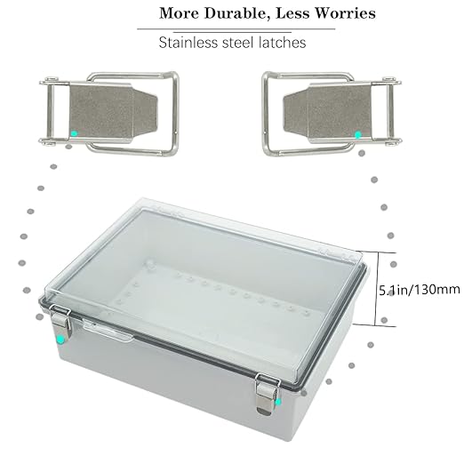 Zulkit Junction Box ABS Plastic Dustproof Waterproof IP67 Electrical Boxes Hinged Shell Outdoor Universal Project Enclosure Grey Clear Cover, Stainless Steel Buckles 15x11x5.1 Inch