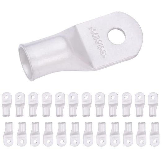 SELTERM 25pcs 4/0 AWG 5/16" Stud Marine Grade Tinned Copper Battery Cable Lugs, 0000 Gauge Ring Terminals, UL Wire Lugs Electrical Battery Cable Ends, Tinned Copper Lugs Battery Terminal Connectors