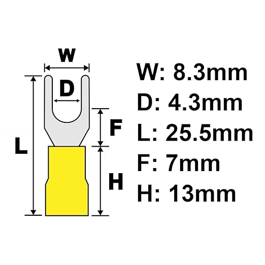 PAPUGA 25PCS 12-10 AWG (4-6 mm2) #8 / M4 Narrow Version Insulated Fork Spade Crimp Connector, 600V 48A, CE RoHS Power Lug for Inverter Solar & Marine Wiring, Battery & Power Wiring