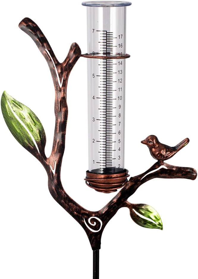 Rain Gauge Outdoor, Metal Rain Gauge with Stake, 7 Inch Tube Rain Measure Gauge, Decorative Branch Rain Measure Tool for Garden, Lawn, Patio