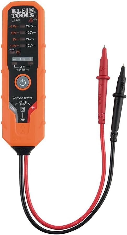 Klein Tools ET40 Digital AC/DC Voltage Tester, 12-240V AC, 1.5-24V DC, LED Illumination, DC Polarity, Auto Off, CAT III 250V-Class 2- Double Insulation, IP41 Dust and Water Resistant