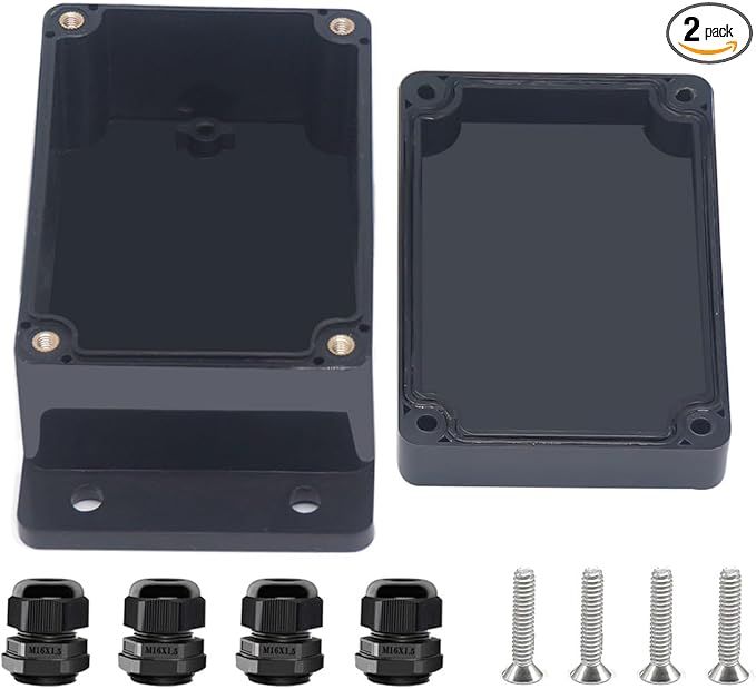 Project Box ABS Black Electrical Boxes IP67 Outdoor Waterproof Junction Box Electronic with Mounting Ears Includes Cable Glands for DIY Project 3.9 x 2.7 x 2 inch (100x68x50mm)