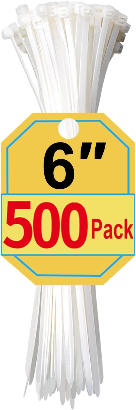 Zip Ties 6 Inch, 500 Pack, White Cable Ties for Multi-Purpose, Nylon/Plastic Wire Ties for Home Improvement, Office & Outdoor Use (Clear-Colored Style), 25lb Tensile Strength.
