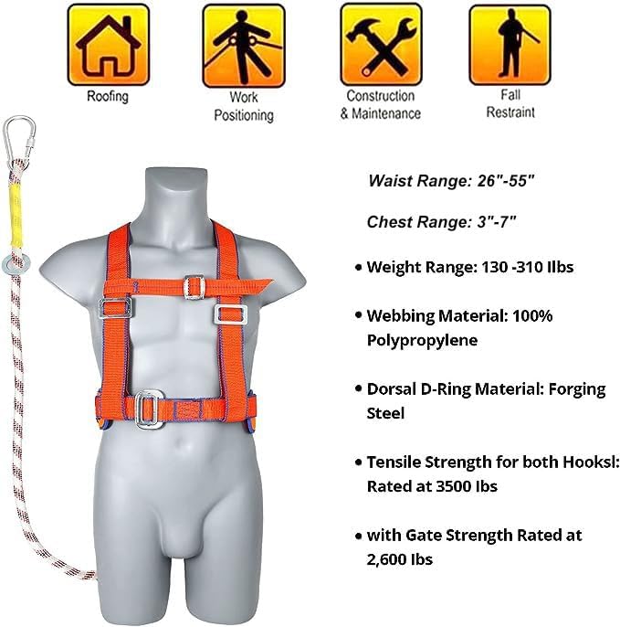 TRSMIMA Safety Harness Fall Protection - Half-Body Roofing Harness kit with 6 ft Lanyard and Padded Shoulder - ANSI Standard
