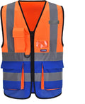 Orange Blue SMALL High Visibility REFLECTIVE Safety Vest with 4 Reflective Strips 7 Pockets