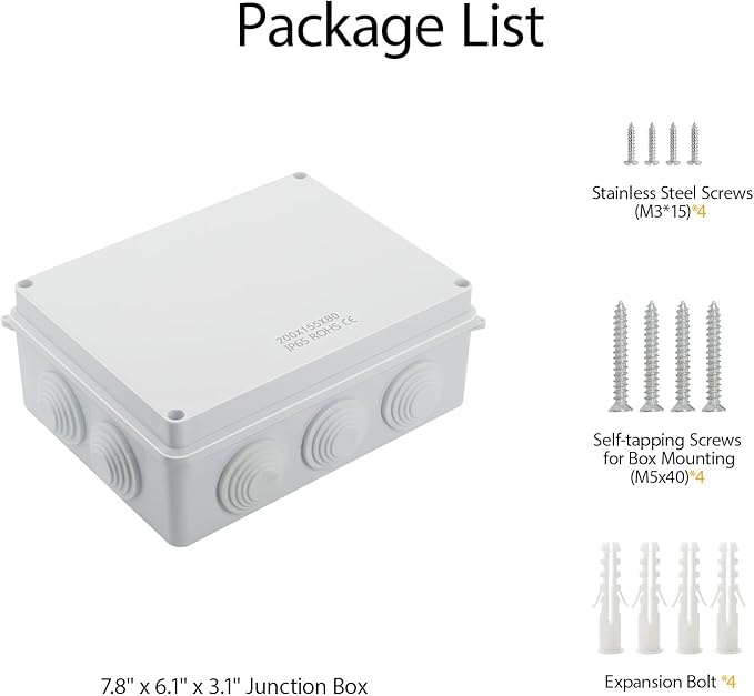 LeMotech ABS Plastic Dustproof Waterproof IP65 Junction Box Universal Electrical Project Enclosure White 7.8 x 6.1 x 3.1 inch (200 x 155 x 80 mm)