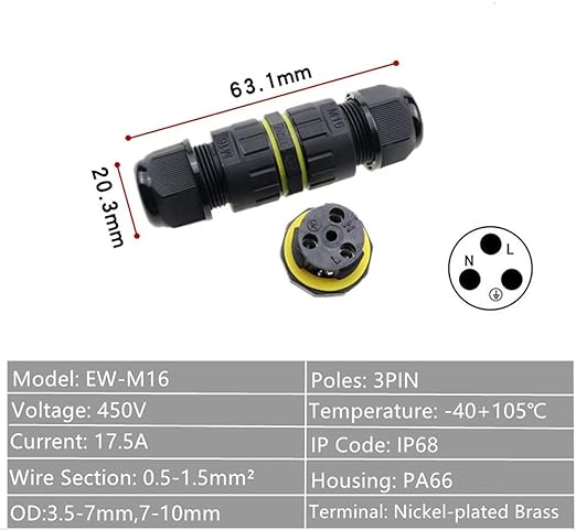 Junction Box Waterproof IP68 Connection Box 3-Pole Cable Connector for Ø7-10mm Cable Connection Box Black 2 Pieces