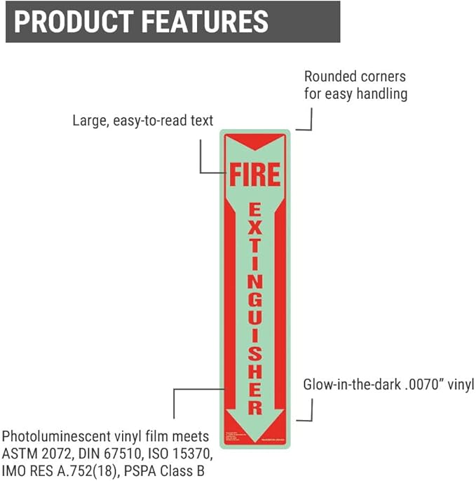 Fire Extinguisher Signs Glow in The Dark 2-pk., 3" x 13.5" Permanent Self Adhesive Vinyl with Rounded Corners, ASTM, DIN, ISO, IMO RES A.752(18), PSPA Compliant, J. J. Keller & Associates, Inc.
