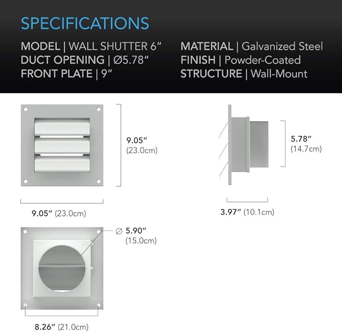 AC Infinity Wall Mount Duct Shutter, 6” Outdoor Louver Gable Vent Hood for Home Attic Grow Tent HVAC Systems