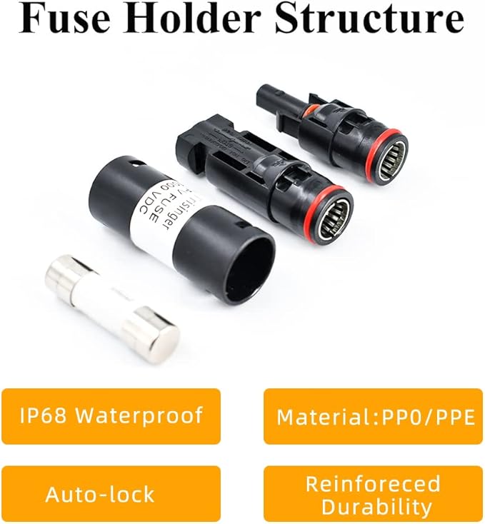 Solar Fuse Holder Inline Connector 20A, 1000VDC IP68 Waterproof in-line Fuse, for Solar Photovoltaic System, with 10X38mm Fuse (20A)