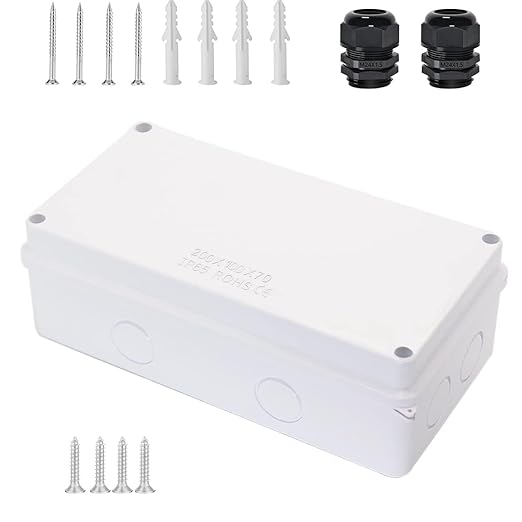 Zulkit Junction Box with Reserved Holes IP65 Waterproof ABS Plastic Electrical Boxes Includes Cable Glands for Outdoor Project, White 7.9 x 3.9 x 2.8 Inch