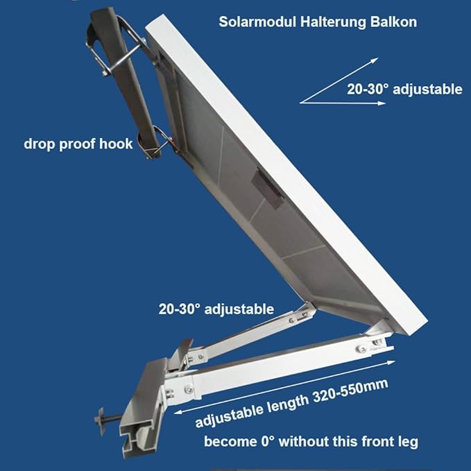 Solar Panel Mounting Brackets Hooks Balcony Railing Holder Power Station Holder for 2 Solar Panels Tilt Angle 0°20-30°