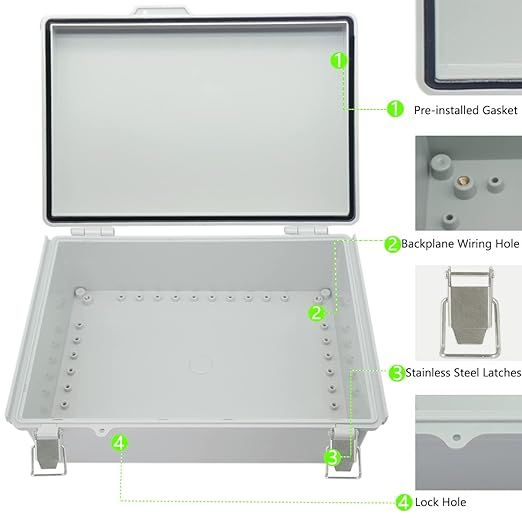 Zulkit Junction Box ABS Plastic Dustproof Waterproof IP67 Electrical Boxes Hinged Shell Outdoor Universal Project Enclosure Grey, Stainless Steel Buckles 15 x 11 x 5.1 Inch