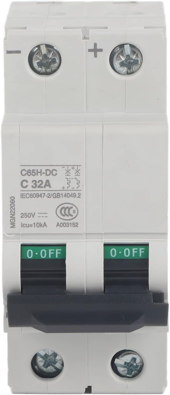Walfront 2P 250V Low Voltage DC Miniature Circuit Breaker for Solar Panels Grid System Din Rail Mount C65H-DC Breaker DC Circuit Amp Solar Double Pole (32A)