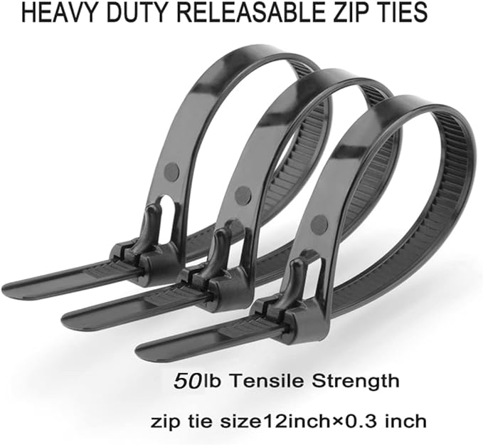 Releasable Reusable Zip Ties 12 Inch Heavy Duty Zip Tie Thick Black Cable Ties Reusable 100 Pack 50lb Tensile Strength Nylon Cable Wire Ties for Multi-Purpose Use Indoor And Outdoor Plastic Tie Wire