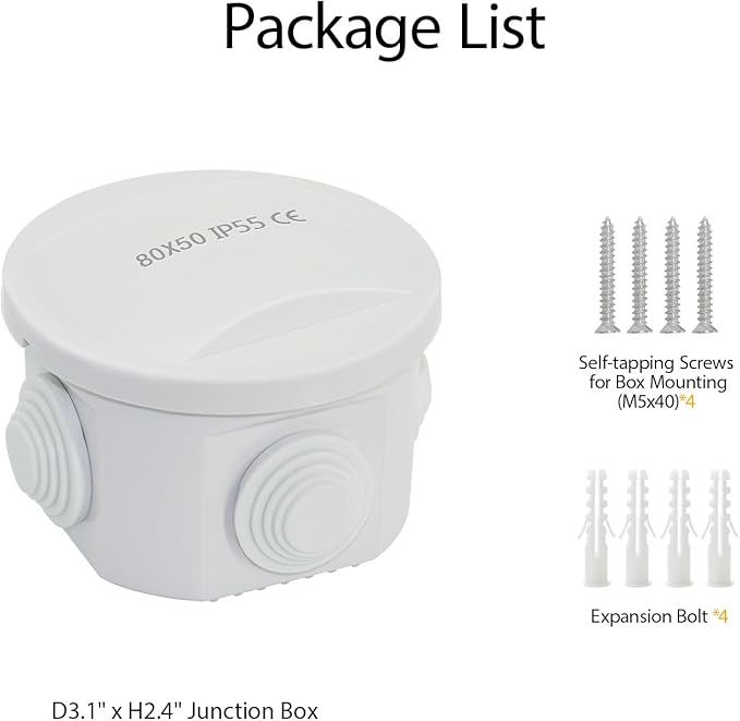 LeMotech Junction Box, ABS Plastic IP55 Water Resistant and Dustproof, Universal Electrical Enclosure, Outdoor and Indoor Project Box D3.1 x H2.4 inch (D80 x H60 mm)