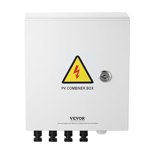 VEVOR PV Combiner Box, 4 String Metal Solar Combiner Box with 15A Rated Current Fuse 63A Circuit Breaker Lightning Arrester, Steel Case for On/Off Grid Solar Panel System, IP65