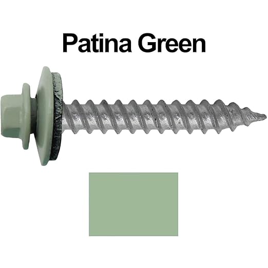 Metal Roofing Screw: (250) 12 x 1-1/2" Patina Green Hex Sheet Metal Roof Screw. Sharp Point Metal to Wood siding Screws. 5/8" EPDM Washer.