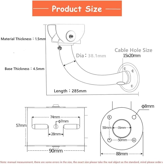 J-Shaped Aluminum Wall Mount with Cable Management Hole & L-Shaped Adapter - Duckbill Design (180° Tilt/360° Swivel) for CCTV Dome/IP Cameras, Space-Saving Indoor/Outdoor Use
