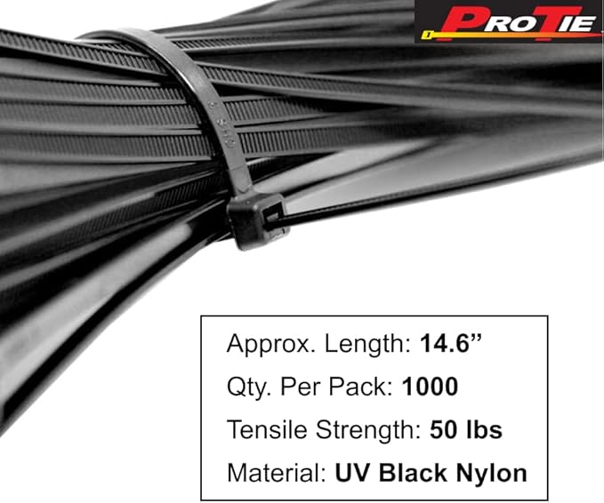 Pro Tie Standard Duty, Self-Locking UV Nylon Cable Wire Ties for Indoor and Outdoor Use | 14.6-Inch, 50 lbs. Tensile Strength, UV Black Nylon, 1000-Pack (PN: B14SD1000)
