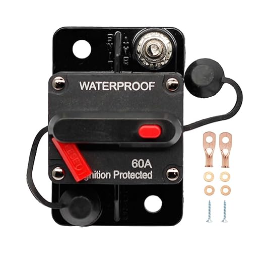 60A Circuit Breaker, 12V-48V DC Manual Reset Waterproof Breaker Switch for Automotive/Boat/ATV/Trailer, Trolling Motor, Stereo Audio, Battery & Solar Systems Inline Fuse (1-CB5-60A)