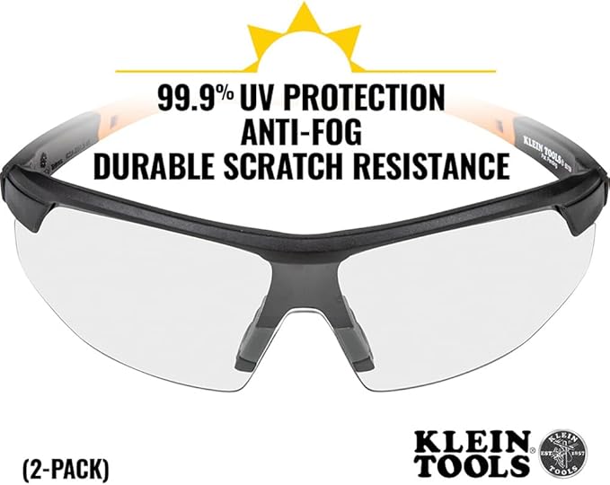 KLEIN TOOLS 60171 Safety Glasses, PPE Protective Eyewear with Semi Frame, Scratch Resistant and Anti-Fog, Clear Lens, 2-Pack