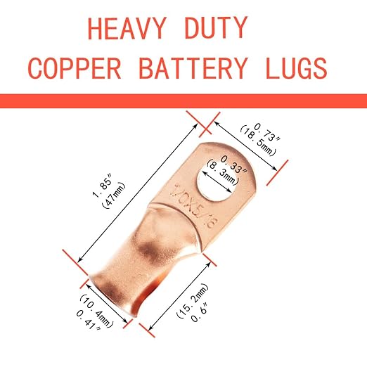 1/0 AWG 5/16" Stud (10 pcs.), Heavy Duty Battery Ring Terminal 1/0 Gauge Wire Connectors 1/0 AWG Battery Cable lugs 5/16 Bare Copper Wire Lugs