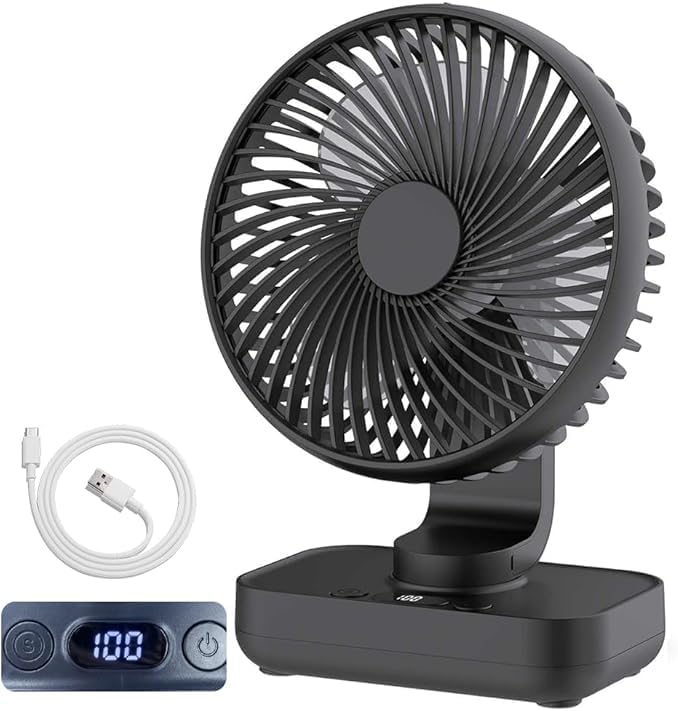Oscillating Small Desk Fan, with USB Rechargeable Battery, Ultra Quiet, 4 Speeds, 13-Hour Runtime, Wall-Mount Option, Quiet Fan, Home, Bedroom and Office, Black