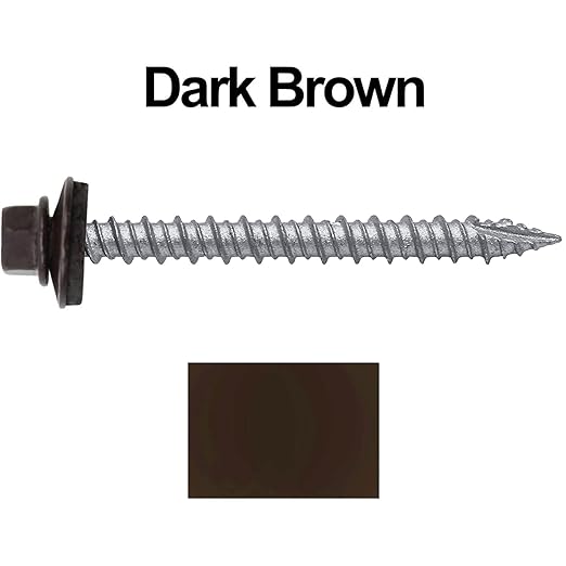 Metal ROOFING SCREWS: (250) 10 x 2" DARK BROWN Hex Head Sheet Metal Roof Screw. Self starting metal to wood siding screws. EPDM washer. Colored head