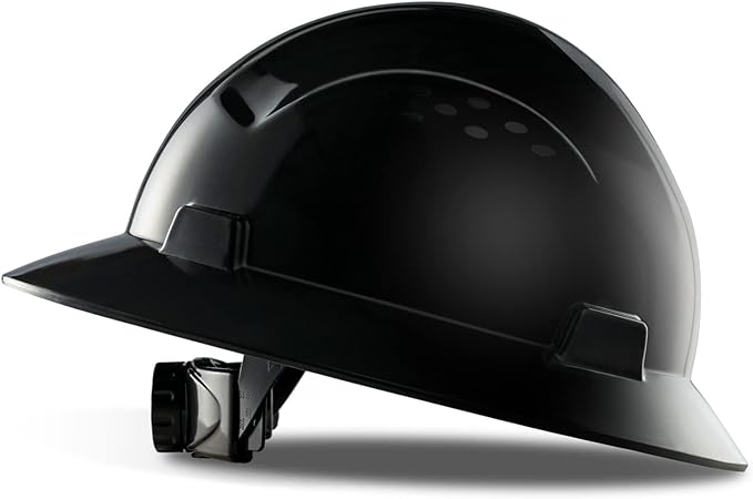PACIFIC PPE Full Brim Hard Hat, OSHA Construction Safety Helmet Certified to ANSI Z89, 4 Point Adjustable Ratchet Suspension, Class E, G & C, Black