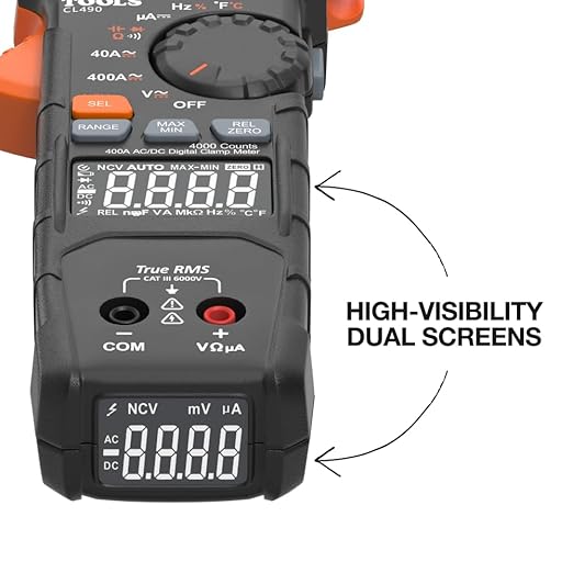 Klein Tools CL490 AC/DC Digital Clamp Meter with TRMS, Dual Display, Auto-Ranging, Current, Voltage, Resistance, Continuity, NCVT Detection, and Reverse Contrast LCD