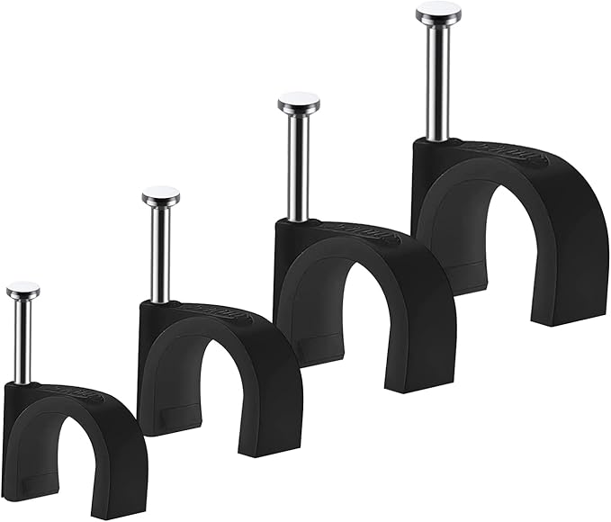 Cable Clips, 400 Pcs, 4mm 6mm 8mm 10mm, Wire Wall Clips with Steel Nails, Cable Management Organizer Clip, Cable Tacks Coax Holder Clip, RG6 RG59 CAT6 RJ45 Cable Cord Staples, Black
