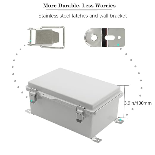Zulkit Junction Box,IP67 Waterproof Electrical Box Hinged Cover Stainless Steel Buckle Plastic Enclosure for Project w Mounting Plate Wall Bracket and 2 Cable Gland Grey 10.2 x 6.3 x 3.9 Inch