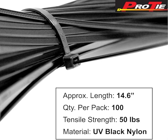Pro Tie Standard Duty, Self-Locking UV Nylon Cable Wire Ties for Indoor and Outdoor Use | 14.6-Inch, 50 lbs. Tensile Strength, UV Black Nylon, 100-Pack (PN: B14SD100)